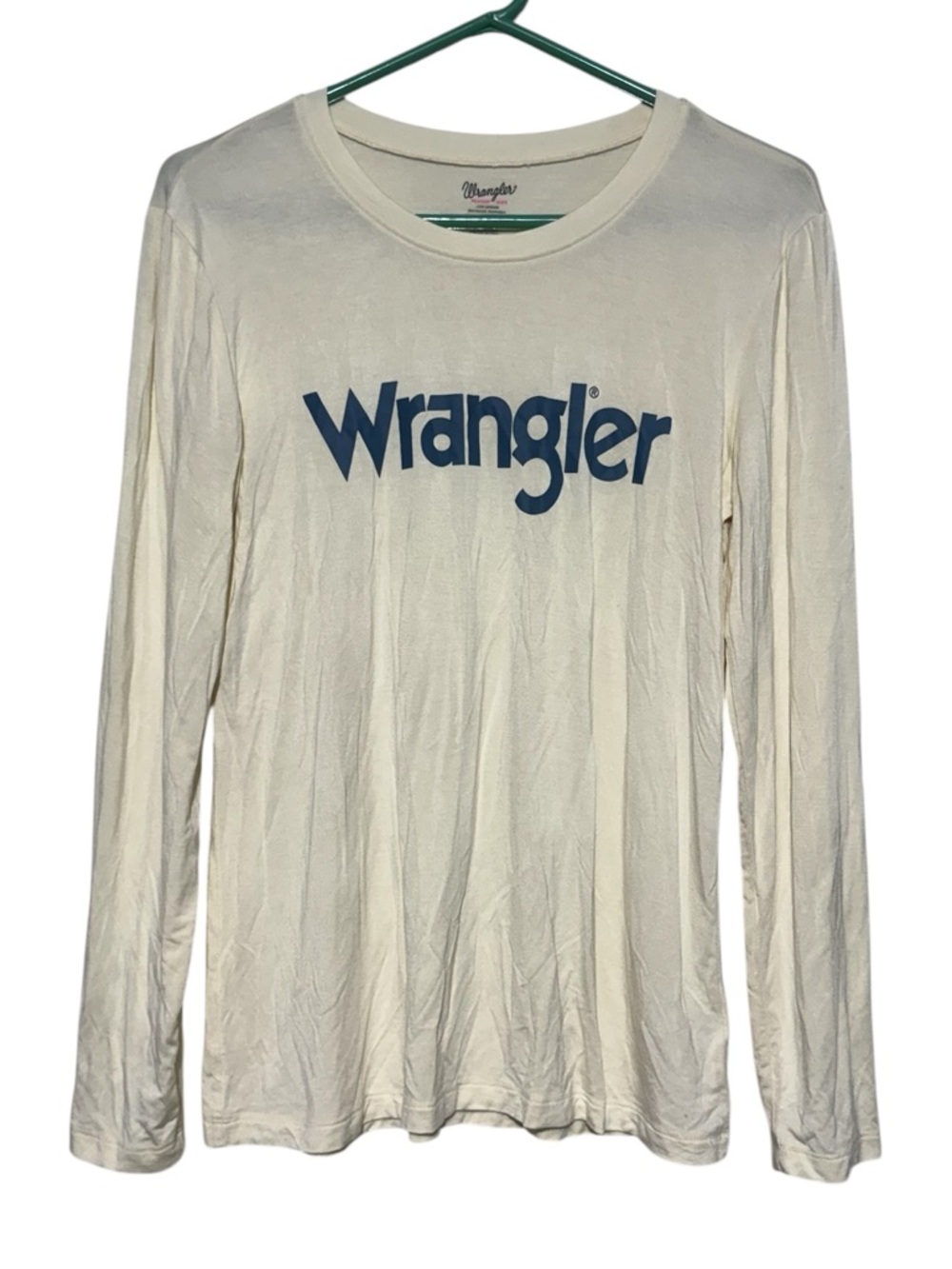Wrangler along Sleeve Tee Women Size M Cream Blue Western Rodeo Festival Ranch‎
